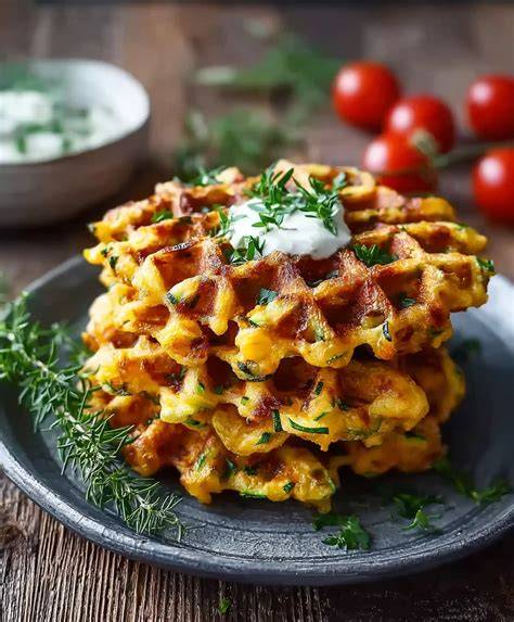 serviervorschläge: lachs-frischkäse-sandwich und paprika-zwiebel-salat zu herzhaften waffeln
