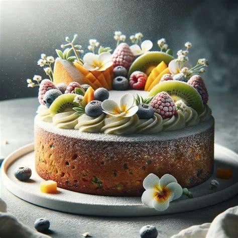 torte mit blumen und früchten dekoriert, anschnitt