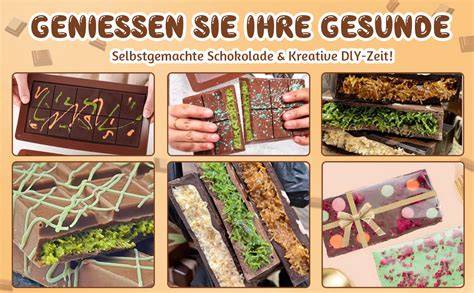 verschiedene Formen von selbstgemachten Schokoriegeln mit Füllung und Toppings
