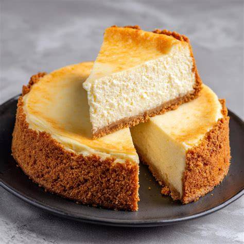 verschiedene Käsekuchen mit Keksboden, serviert und angeschnitten