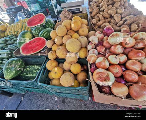 verschiedene Melonensorten auf einem Marktstand
