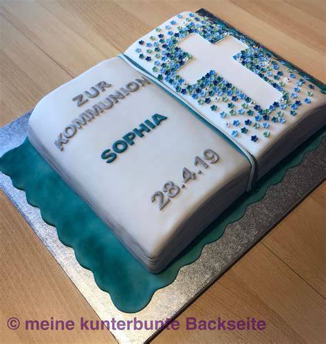 verschiedene tortendesigns zur kommunion, kreuz, bibel, taube