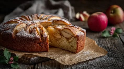 versunkener Apfelkuchen auf rustikalem Holzbrett