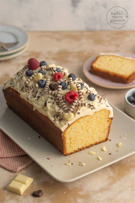 weißer Schokoladenkuchen auf Kuchenteller mit Frischkäse-Frosting